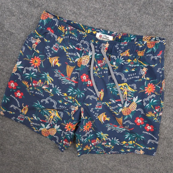 Reyn Spooner Swim Trunks Mens M Navy Blue Hawaiian Waikiki Pineapple Fish Lined - Picture 1 of 11
